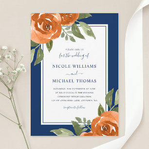 Invitation Mariage Floral Aquarelle Bleu Nuit Orange Élégant