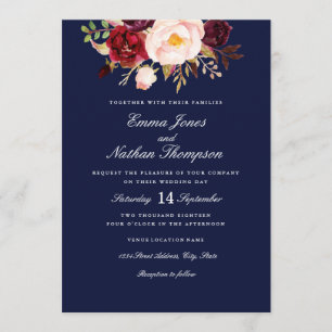 Invitation Mariage Floral Aquarelle Bleu Nuit Rouge Bourguign
