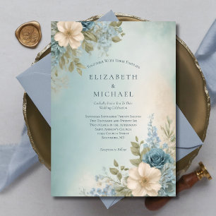 Invitation Mariage Floral Aquarelle Bleu Poussiéreux Blanc