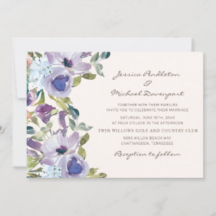 Invitation Mariage Floral Aquarelle Bleu Poussiéreux Violet