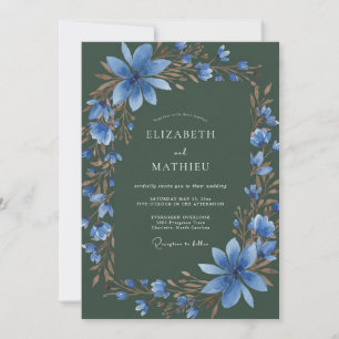 Invitation Mariage Floral Aquarelle Bleu Vert Forêt