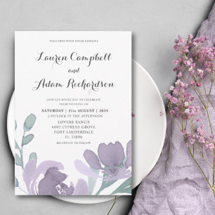 Invitation Mariage Floral Aquarelle Boho Fleurs Mauves Poussi
