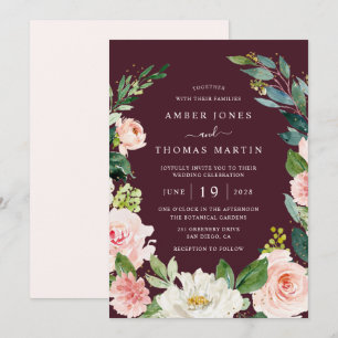 Invitation Mariage Floral Aquarelle Bourgogne Rose Gold