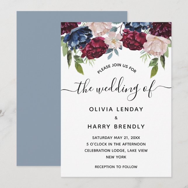 Invitation Mariage Floral Aquarelle Chic Rustique (Devant / Derrière)