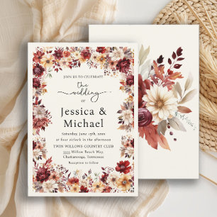 Invitation Mariage Floral Aquarelle Crème et Bourgogne Romant