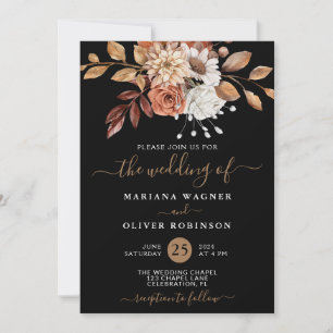 Invitation Mariage Floral Aquarelle d'Automne sur Fond Noir