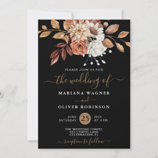 Invitation Mariage Floral Aquarelle d'Automne sur Fond Noir