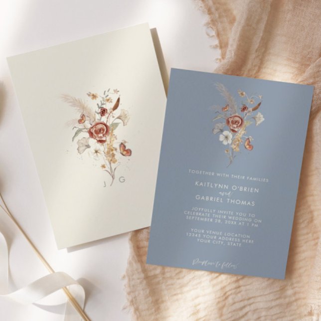 Invitation Mariage Floral Aquarelle Fleur Sauvage Bleu Poussi (Créateur téléchargé)