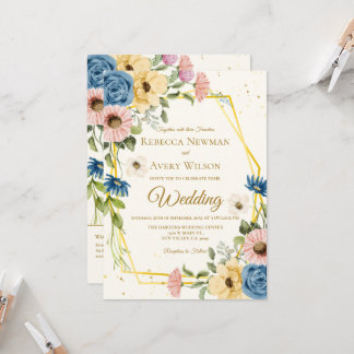 Invitation Mariage Floral Aquarelle Géométrique