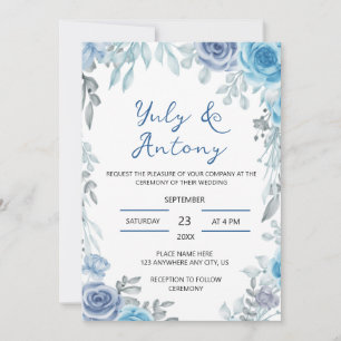 Invitation Mariage Floral Aquarelle Gris Ardoise Bleu Poussié