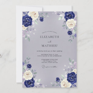 Invitation Mariage Floral Aquarelle Gris Marine