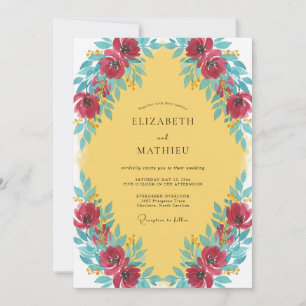 Invitation Mariage floral aquarelle jaune cramoisi