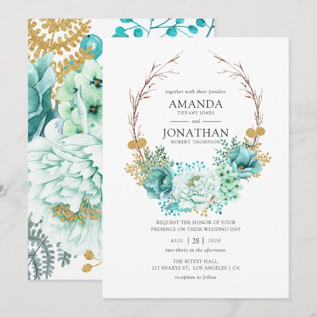 Invitation Mariage Floral Aquarelle Menthe (Devant / Derrière)