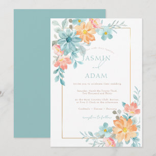 Invitation Mariage Floral Aquarelle Moderne Aqua Péché
