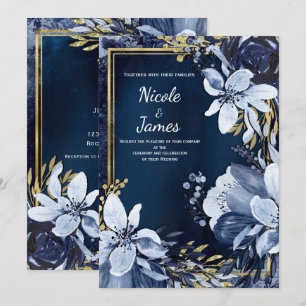 Invitation Mariage floral aquarelle moderne bleu marine et or