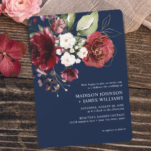 Invitation Mariage floral aquarelle or burgundy classique