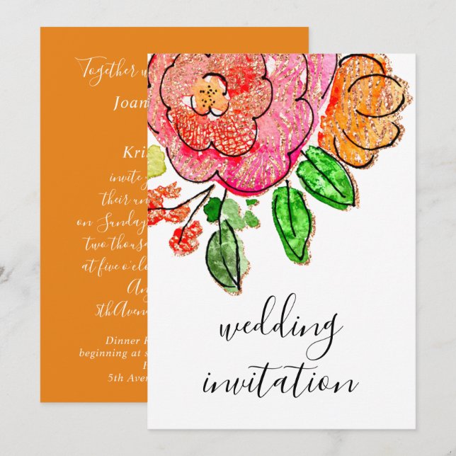Invitation Mariage Floral Aquarelle Orange Rose Parties scint (Devant / Derrière)