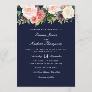 Invitation Mariage Floral Aquarelle Pêche de la Marine