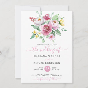 Invitation Mariage Floral Aquarelle Rose Jaune