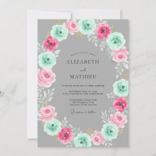 Invitation Mariage Floral Aquarelle Rose Menthe Argent