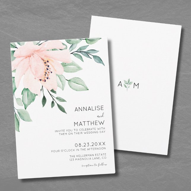 Invitation Mariage Floral Aquarelle Rose Moderne Élégant (Chic Modern Blush Pink Watercolor Floral Wedding Invitation)