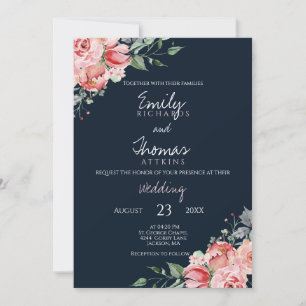 Invitation Mariage Floral Aquarelle Rose Pâle Bleu Nuit