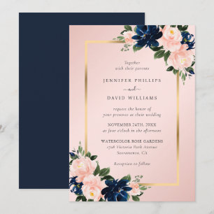 Invitation Mariage Floral Aquarelle Rose Pâle et Bleu Marine