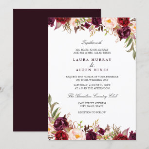 Invitation Mariage Floral Aquarelle Rouge Bourgogne de Marsal