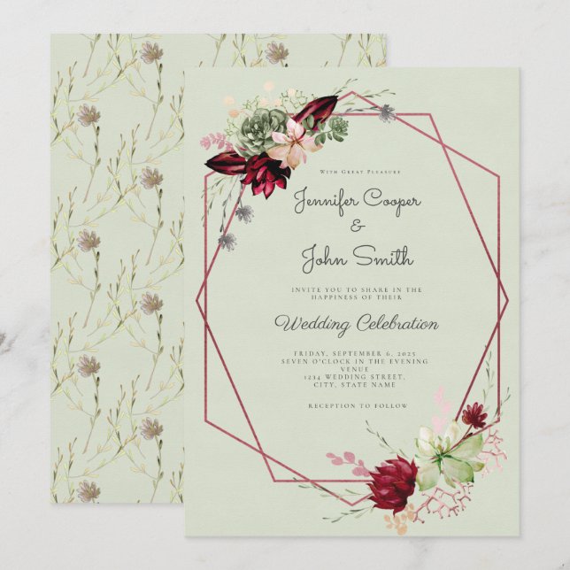 Invitation Mariage Floral Aquarelle Rouge Bourgogne Rose Vert (Devant / Derrière)