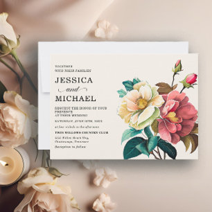 Invitation Mariage floral aquarelle rouge et blanc