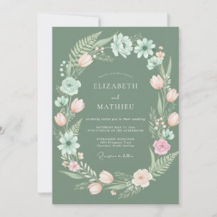 Invitation Mariage Floral Aquarelle Sage Pêche