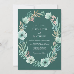 Invitation Mariage floral aquarelle sarcelle profonde