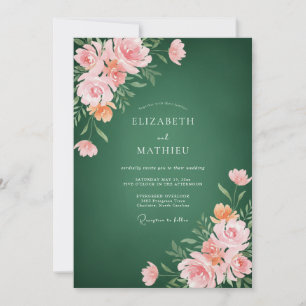 Invitation Mariage Floral Aquarelle Vert Forêt Rose