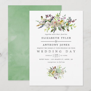 Invitation Mariage Floral Aquarelle Vert Sauge et Blanc