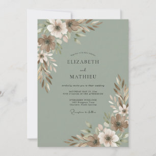 Invitation Mariage Floral Aquarelle Vert Sauge et Brun