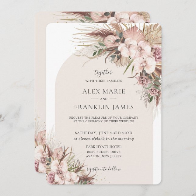 Invitation Mariage Floral Arch Orchidée Herbe de Pampas Bohèm (Devant / Derrière)