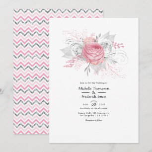 Invitation Mariage floral argent et rose pâle avec papier d'a