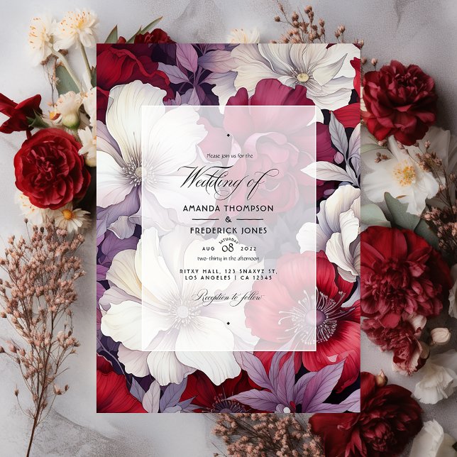 Invitation Mariage floral argenté, blanc et rouge profond (Créateur téléchargé)