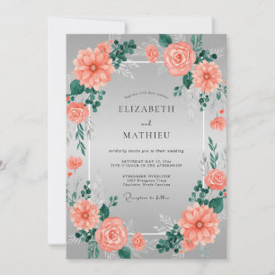 Invitation Mariage Floral Argenté et Corail Radiant