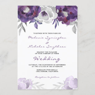 Invitation Mariage floral argenté pourpre 3963 d'aquarelle