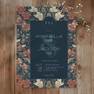 Invitation Mariage Floral Art Nouveau Bleu William Morris