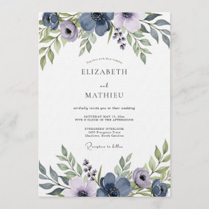 Invitation Mariage Floral Artistique Bleu Ardoise