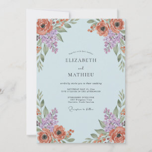 Invitation Mariage Floral Artistique Bleu Clair