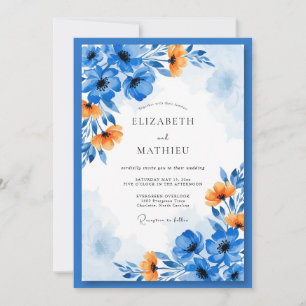Invitation Mariage Floral Artistique Bleu Orange