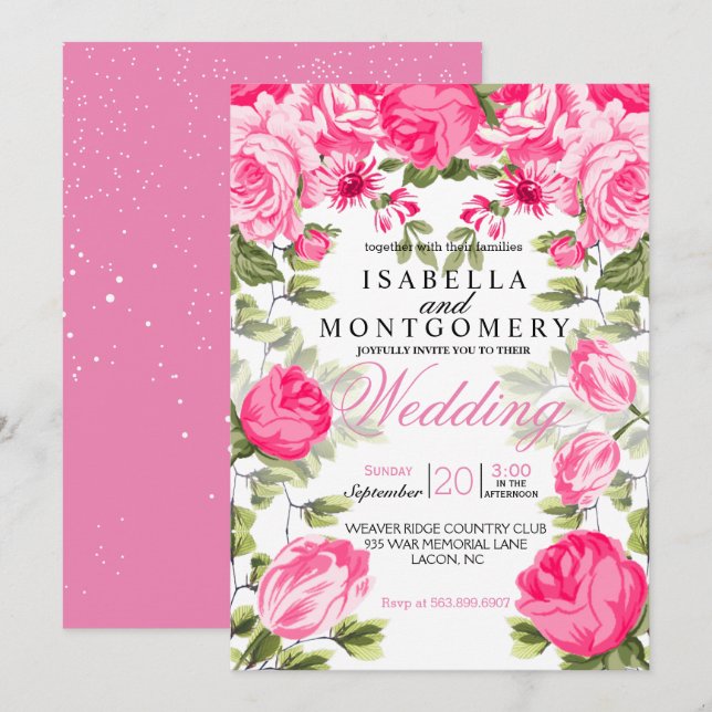 Invitation Mariage floral assez rose botanique (Devant / Derrière)