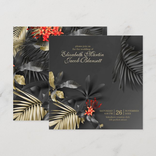 Invitation Mariage floral Asymétrique Élégant Tropical Sombre (Devant / Derrière)