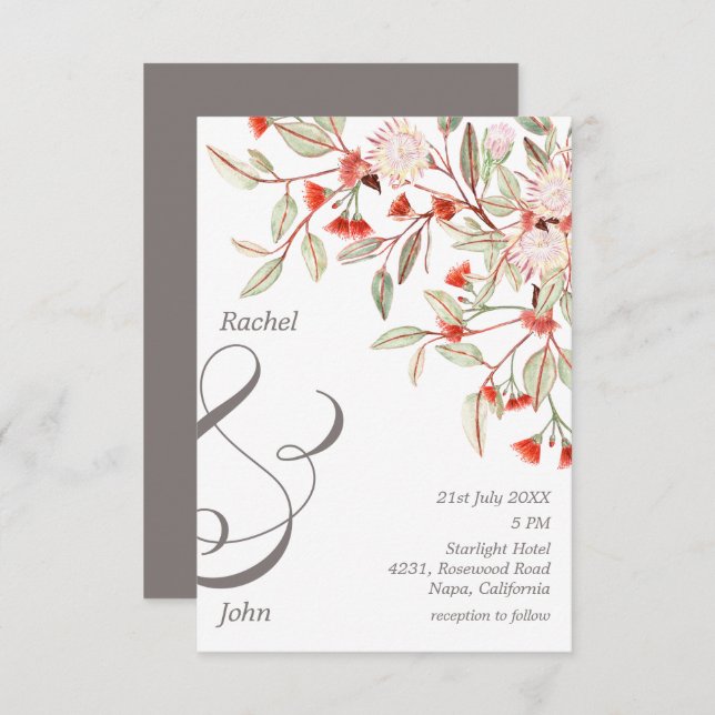 Invitation Mariage Floral Australien Gris et Blush (Devant / Derrière)