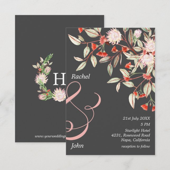 Invitation Mariage Floral Australien Gris et Blush (Devant / Derrière)