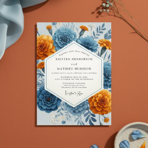 Invitation Mariage Floral Automnal Bleu Orange