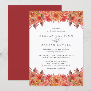 Invitation Mariage Floral Automnal en Terracotta et Bourgogne